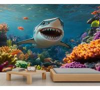 Papier peint mural requin 300 x 210 cm - Motif animaux de l'océan - Décoration murale pour chambre à coucher - Ne se décolle pas et ne colle pas