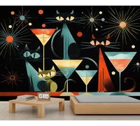 Papier peint mural rétro du milieu du siècle avec chat et cocktail élégants, papier peint univers géométrique abstrait ciel étoilé pour chambre à coucher, salon, chambre à coucher