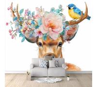 Papier Peint Mural Salon Aquarelle Fleurs Animaux Cerf, 200 x 140 cm Papier Peint Panoramique Intissé, Couleur Décoration Murale Poster Tableaux Muraux Imprimé 3D Tapisserie Photo