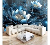 Papier Peint Mural Salon Fleurs Abstraites Fantastiques Lotus, 300 x 210 cm Papier Peint Panoramique Intissé, Noir Bleu Décoration Murale Poster Tableaux Muraux Imprimé 3D Tapisserie Photo