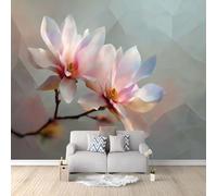 Papier Peint Mural Salon Fleurs De Magnolia Motifs Géométriques 400x280 cm Papier Peint Panoramique Intissé Moderne, Décoration Murale Poster Tableaux Muraux Imprimé 3D Tapisserie Photo