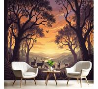 Papier Peint Mural Salon - Paysage du coucher de soleil - 450x315cm Papier Peint Panoramique soie Moderne, Troupeau de cerfs en forêt au coucher du soleil Décoration Murale 3D Tapisserie Photo Jaune