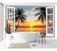 Papier Peint Mural Soie Coucher De Soleil Paysage De Plage Tropicale, Papier Peint Panoramique Photo Poster 350x256cm - Fresque Murale Vue Par Fenêtre 3D Pour Chambre Salon Décoration Murale