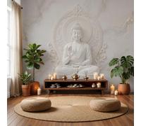 Papier Peint Mural Soie Marbre Zen | Papier Peint Panoramique Statue De Bouddha Fleur De Lotus Motif En Pierre, Blanc Papiers Peints Salon Chambre Bureau Couloir Murale Poster Intérieure 200x140cm