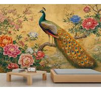 Papier peint mural style chinois avec paon et pivoine, art oriental traditionnel, décoration florale élégante pour salon et chambre 400x280cm (Non autocollant)