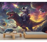 Papier peint mural sur le thème de l'univers - 400 x 280 cm - Dinosaure - Astronaute - Décoration murale - Pour salon - Ne se décolle pas et ne colle pas