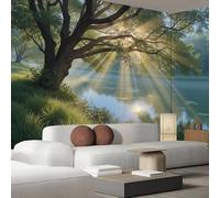 Papier Peint Mural Sur Mesure,3D Paysage Arboré Et Ensoleillé Au Bord De La Rivière Papier Peint Photo,300 X 210Cm Grand Format-Décoration Murale Pour Salon,Chambre,Bureau Ou Toute Autre Pièce