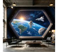 Papier peint mural taille personnalisée astronaute flottant dans l'espace en orbite autour de la terre avec navette, lune, galaxie, tissu mural auto-adhésif amovible à décoller et à coller pour salon
