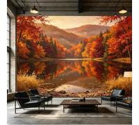 Papier peint mural taille personnalisée - Réflexion du lac d'automne - Montagne brumeuse - Feuillage doré - Peinture à l'huile - Tissu mural auto-adhésif amovible - Décoration murale pour salon et