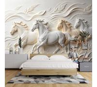 Papier Peint Mural Texturé 3D 64 X 112 Pouces Représentant Quatre Chevaux Au Galop et Des Nuages Flottants Grande Affiche Photo Décorative pour Chambre Salon Bureau et Décoration Intérieur