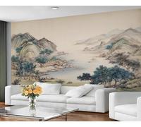 Papier peint mural traditionnel chinois représentant un paysage de montagne et de rivière, style lavis d'encre, décoration murale d'art asiatique classique pour le salon et la chambre. 200x140cm