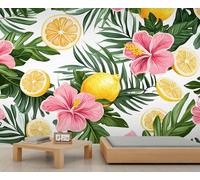 Papier Peint Mural Tropical avec Fleurs D'Hibiscus Roses et Feuilles de Palmier Vertes Papier Peint Jaune Citron pour Chambre à Coucher Salon Décoration Murale 250 X 175 cm