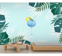 Papier Peint Mural Tropical Avec Plantes Botaniques et Feuilles Style Forêt Tropicale Verre à Cocktail Bleu Boissons D'Été pour Chambre à Coucher Salon 300 X 240 cm