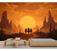 Papier Peint Mural Western avec Coucher de Soleil Sur un Cheval Au Coucher Du Soleil Dans Le Désert Style Rustique pour Chambre Ou Salon 100 X 70 cm