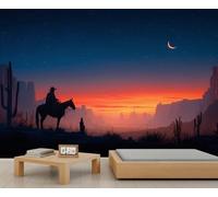 Papier Peint Mural Western Coucher de Soleil Sur Le Désert pour Chambre D'Enfant Silhouette de Cowboy à Cheval Idéal pour La Décoration de La Chambre Du Salon Ou de La Salle à Manger 490 X 350 cm