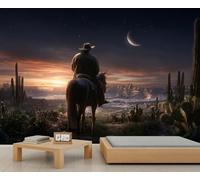 Papier Peint Mural Western Représentant un Cowboy à Cheval un Paysage Désertique et Des Cactus Idéal pour Une Chambre un Salon Une Chambre D'Enfant Ou Toute Autre Pièce 490 X 350 cm