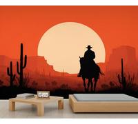 Papier Peint Mural Western Représentant un Cowboy Au Coucher Du Soleil Dans un Paysage Désertique et Cactus avec Silhouette de Cowboy Idéal pour Les Chambres et Les Salons 100 X 70 cm