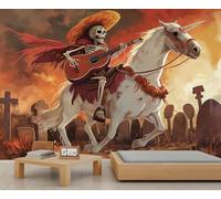 Papier Peint Mural Western Sur Le Thème Du Jour Des Morts Squelette Guitare Crâne Cowboy et Cheval Blanc Idéal pour Chambre Salon Chambre D'Enfant Ou Toute Autre Pièce Dimensions 280 X 200 cm