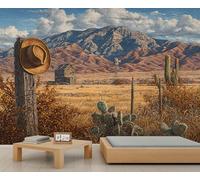 Papier Peint Mural Western Wilderness avec Chapeau de Cowboy et Cabane En Rondins Motif Montagnes et Cactus Idéal pour Chambre Salon Chambre D'Enfant Ou Comme Décoration Murale Derrière 232 X 158 cm