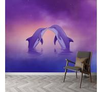 Papier peint murale océan animaux dauphins, peinture murale intissé photo style onirique mural poster salon chambre mur de fond chambre des enfants bureau décoration de maison, 200 x 140 cm (L x H)
