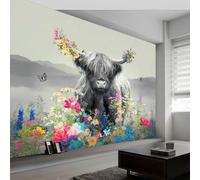 Papier Peint Muraux Affiche Photo 300L x 210H cm, Papier Peint Mural Photo Animal Vaches Highlands Papillons Fleurs - Décoration Murale Style Artistique pour Salon Chambre d'Enfant Salle de Jeux