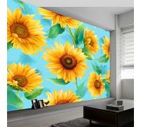 Papier Peint Muraux Affiche Photo 300L x 210H cm, Papier Peint Mural Photo Floral Tournesol Feuilles Vertes - Décoration Murale Aquarelle pour Salon Chambre Chambre d'Enfant Couloir Salle de Jeux