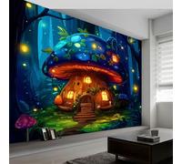 Papier Peint Muraux Affiche Photo 300L x 210H cm, Papier Peint Mural Photo Forêt Champignon Maison Luciole - Décoration Murale Cartoon Onirique pour Salon Chambre d'Enfant Couloir Salle de Jeux