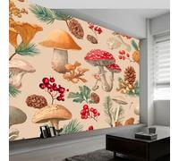 Papier Peint Muraux Affiche Photo 300L x 210H cm, Papier Peint Mural Photo Forêt Plantes Champignons Branches - Décoration Murale Dessiné à La Main pour Salon Chambre d'Enfant Couloir Salle de Jeux