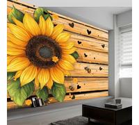 Papier Peint Muraux Affiche Photo 300L x 210H cm, Papier Peint Mural Photo Planches Bois Fleurs Tournesols Abeilles - Décoration Murale Art Rétro pour Salon Chambre d'Enfant Couloir Salle de Jeux