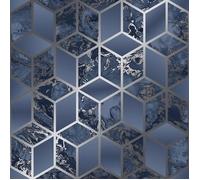 Papier Peint - Muriva - Elixir Cube Marbre Marine - Argent - 10,05 m x 53 cm - Géométrique