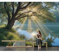 Papier Peint Naturalisme Panoramique La Lumière Du Soleil Filtre À Travers Les Feuilles Revêtement Murale Décoration Salon, Chambre Coucher Maison Décoration Intérieure 396X280 Cm