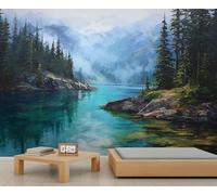 Papier peint nature montagne brumeuse paysage de forêt de pins papiers peints muraux pour salon, lacs, chambre à coucher, décoration de chambre, poster mural 300 x 210 cm