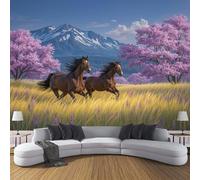 Papier Peint Nature Montagnes 300×210cm Papier Peint Panoramique Effet 3D, XXL Peinture Murale Poster intissé Champs Chevaux Fleurs, pour Chambre Salon TV Fond