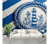 Papier Peint Non Tissé Panoramique Ancre de Phare OcéAnique 300x210 cm - Décoration Murale Moderne Bleu Et Blanc - Décorative pour Chambre Salon - Papier Peint TV Mur Décoration