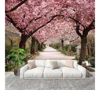 Papier Peint Non Tissé Panoramique Belle Rue Des Cerisiers En Fleurs 400x280 cm - Décoration Murale Moderne Rose - Décorative pour Chambre Salon - Papier Peint TV Mur Décoration