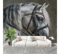 Papier Peint Non Tissé Panoramique Portrait de Cheval Blanc Animalier 300x210 cm - Décoration Murale Moderne Blanc - Décorative pour Chambre Salon - Papier Peint TV Mur Décoration