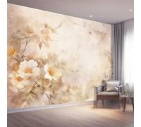Papier Peint Non-tissées Panoramique 200 x 140 cm Format personnalisé, Fleurs Poster Geant Mural, Style Aquarelle Rêveur pour Salon Chambre restaurant Décoration Murale, Beige