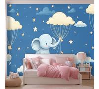 Papier Peint Non-tissées Panoramique 200 x 140 cm Format personnalisé, Style Dessin Animé Joli Motif Bébé Éléphant Poster Geant Mural, Bleu pour Salon Chambre restaurant Décoration Murale