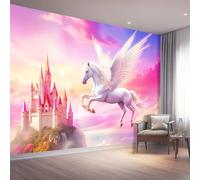 Papier Peint Non-tissées Panoramique 250 x 175 cm Format personnalisé, Château De Pégase Poster Geant Mural, Style De Dessin Animé pour Salon Chambre restaurant Décoration Murale, Rose