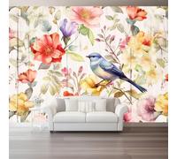 Papier Peint Non-tissées Panoramique 250 x 175 cm Format personnalisé, Motif D'Oiseau Floral Poster Geant Mural, Style Aquarelle pour Salon Chambre restaurant Décoration Murale, Coloré