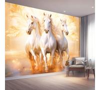 Papier Peint Non-tissées Panoramique 250 x 175 cm Format personnalisé, Style Animalier Motif Cheval Blanc Poster Geant Mural, Jaune Doré pour Salon Chambre restaurant Décoration Murale
