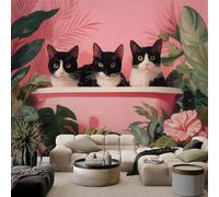 Papier Peint Non-tissées Panoramique 300 x 210 cm 3D Poster Geant Mural, Cartoon Baignoire Chat Plantes Feuilles pour Salon Chambre restaurant Décoration Murale - Tapisserie Murales Rose