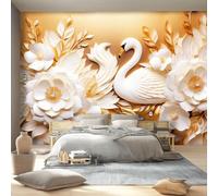 Papier Peint Non-tissées Panoramique 300 x 210 cm Format personnalisé, Cygne 3D Luxueux Et Minimaliste Poster Geant Mural - pour Salon Chambre restaurant Décoration Murale, Or