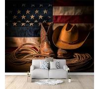 Papier Peint Non-tissées Panoramique 350 x 256 cm Format personnalisé, 3D Poster Geant Mural, Drapeau De Chapeau De Cow-Boy Vintage Coloré pour Salon Chambre restaurant Décoration Murale