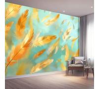 Papier Peint Non-tissées Panoramique 350 x 256 cm Format personnalisé, Plumes Poster Geant Mural, Style Abstrait pour Salon Chambre restaurant Décoration Murale, Bleu Clair Doré