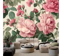 Papier Peint Non-tissées Panoramique 400 x 280 cm 3D Poster Geant Mural, Retro Plantes Roses Roses pour Salon Chambre restaurant Décoration Murale - Tapisserie Murales Beige