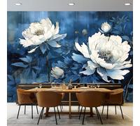 Papier Peint Non-tissées Panoramique 400 x 280 cm Format personnalisé, Motif De Fleur De Pivoine Poster Geant Mural, Gris Bleu pour Salon Chambre restaurant Décoration Murale