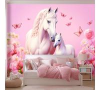 Papier Peint Non-tissées Panoramique 400 x 280 cm Format personnalisé, Style Dessin Animé Motif Floral Cheval Blanc Poster Geant Mural, Rose pour Salon Chambre restaurant Décoration Murale