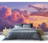 Papier peint nuageux pastel au coucher du soleil, fresque murale ciel rose et violet, décoration murale amovible et adhésive pour chambre ou salon 250x175cm (Non autocollant)