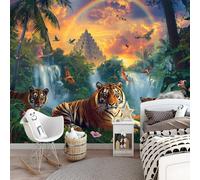 Papier Peint Oiseau/tigre/cascade Vert 350 x 256 cm cm Papier Peint intissé Poster Tableaux Muraux Tapisserie Photo Trompe l'oeil pour Chambre Salon Décoration Murale
